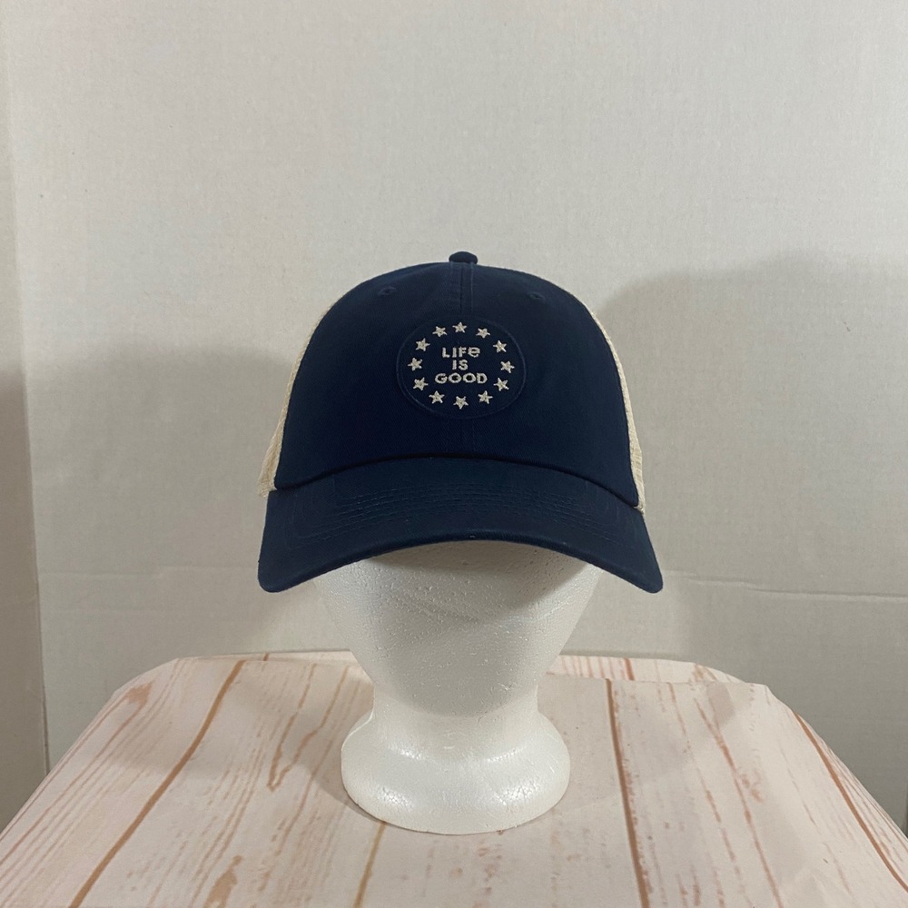 Life is Good Logo Stars Soft Mesh Back Trucker Hat Navy Blue Snapback